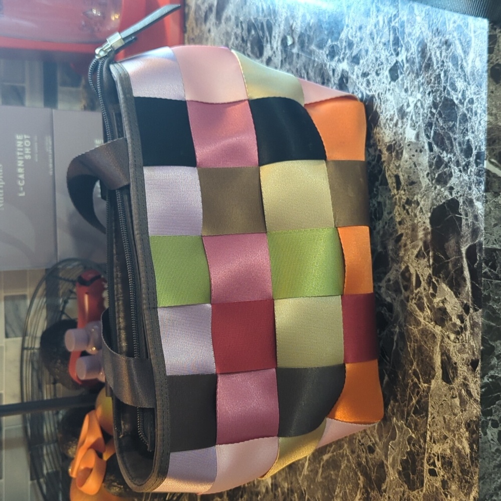 Multi colored seatbelt purse